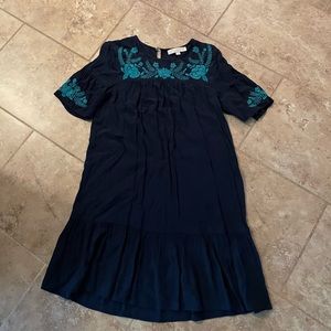 Loft embroidered dress. Navy w/turquoise. Size Small
